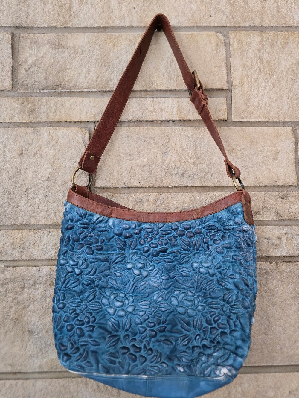 Anabaglish Blue Embossed Floral Leather Shoulder Bag Boho Sundance